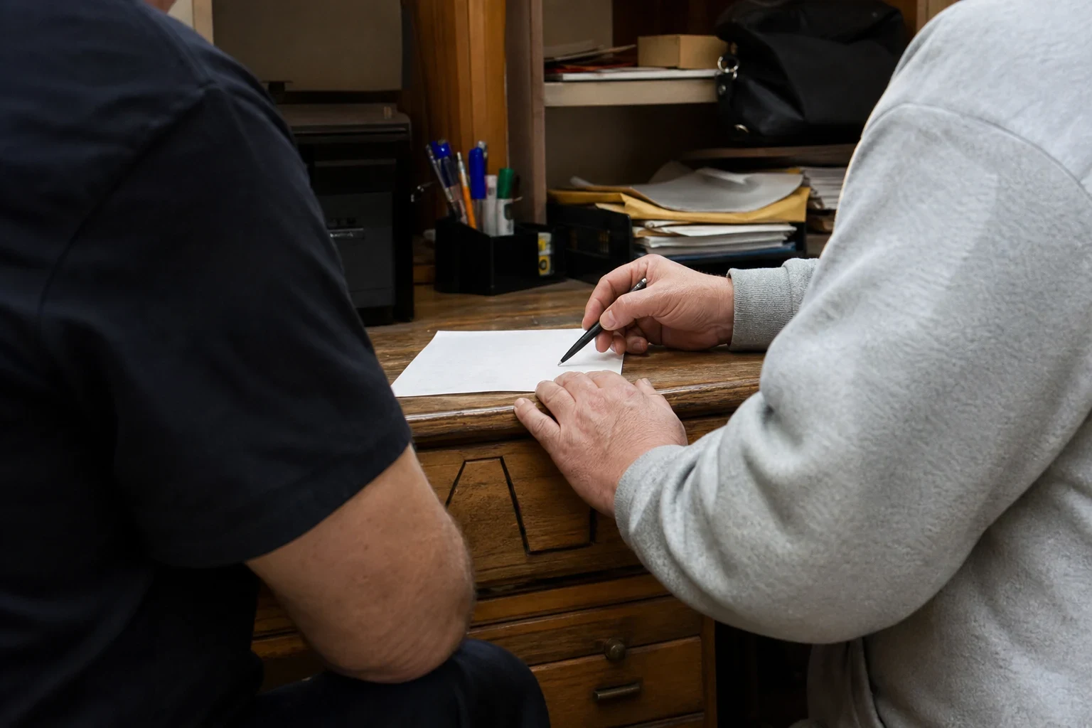 Two people seated at a worn wooden desk in a cluttered back office, one holding a pen over a sheet of paper, with pens, files and shelves behind