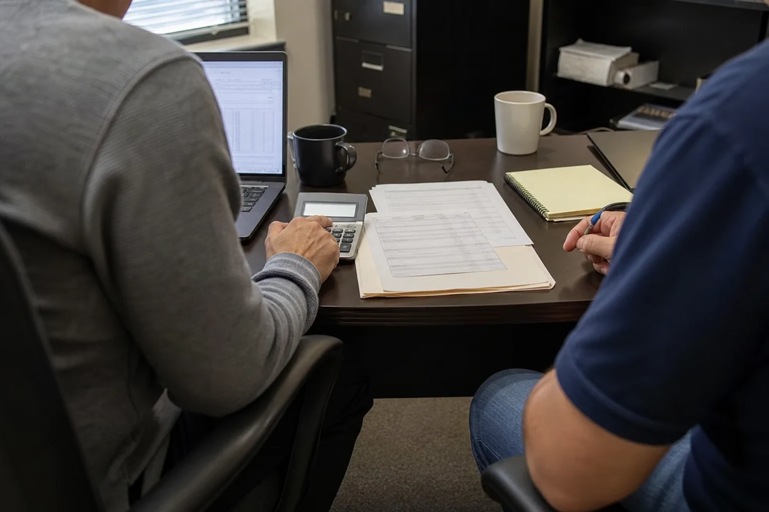 Two people seated at an office desk reviewing printed statements, one using a calculator beside a laptop, with a notepad, coffee mugs and filing cabinet nearby