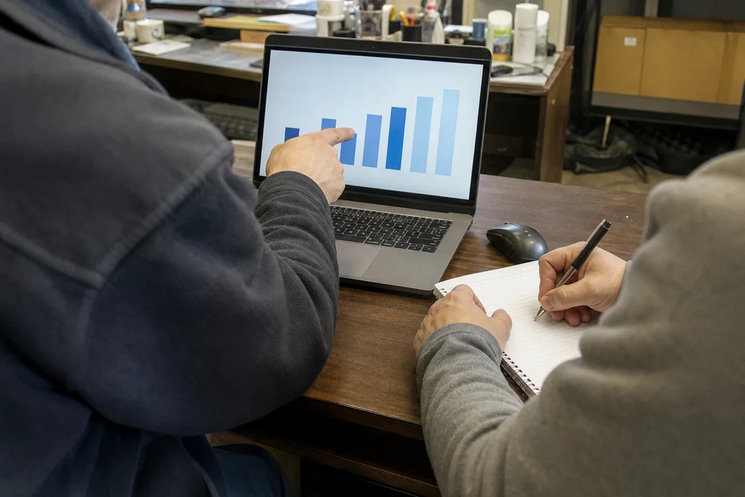 Over-the-shoulder view of a man pointing to a bar chart on a laptop while another person takes notes in a spiral notebook at a wooden office desk