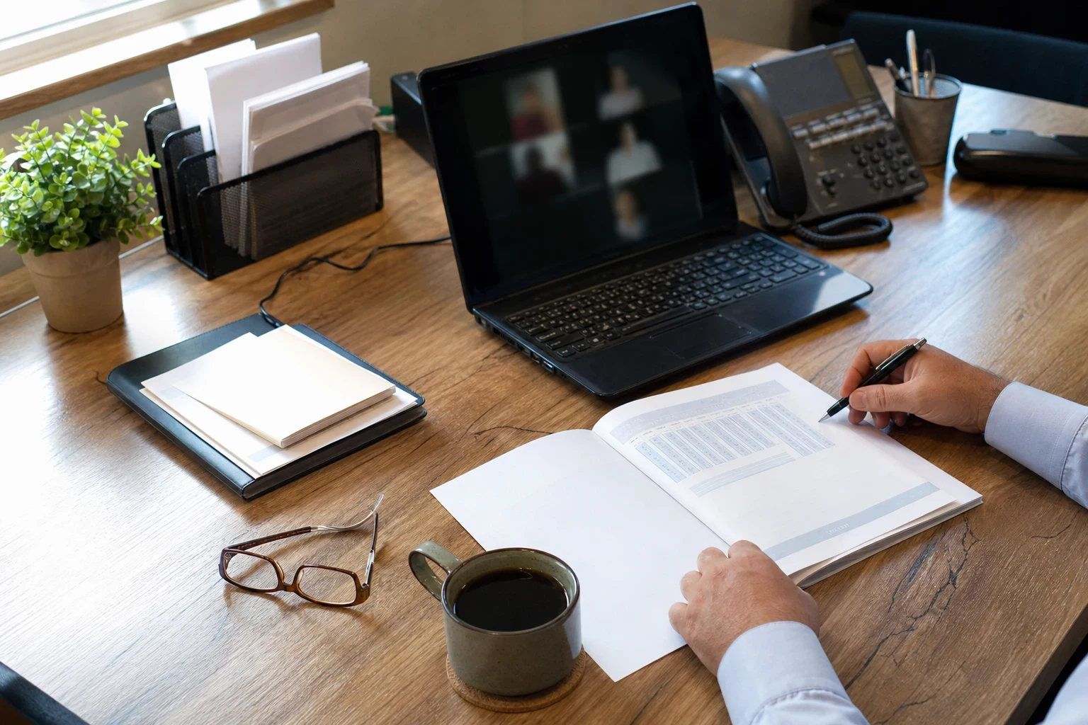 Agent at a wooden office desk writing on an open printed illustration beside reading glasses and coffee, with a laptop video call and desk phone behind